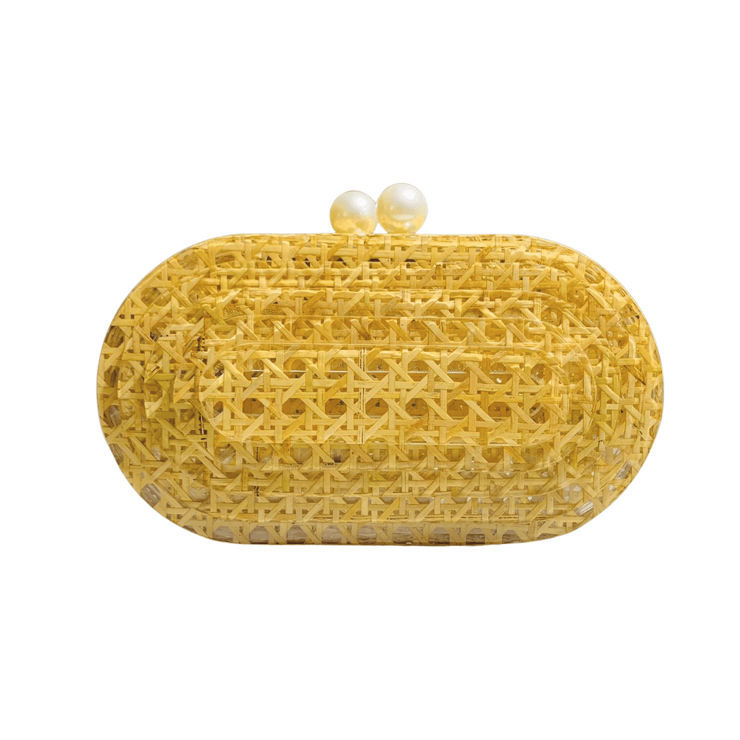 Round Rattan Handbag with Pearl Clasp